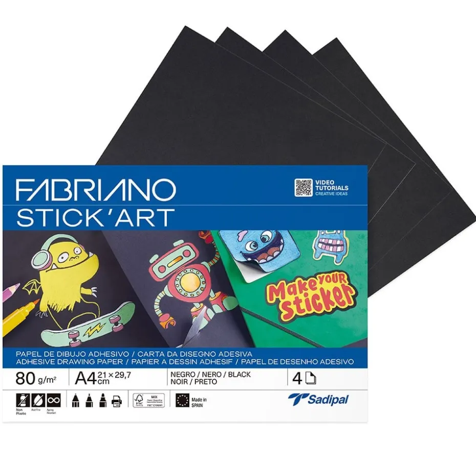 Fabriano Stick’Art Selvklebende papir 4ark – A4 80g – Sort