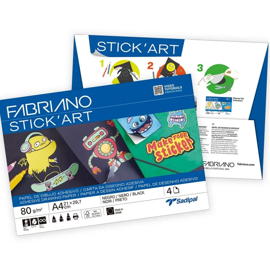 Fabriano Stick’Art Selvklebende papir 4ark – A4 80g – Sort