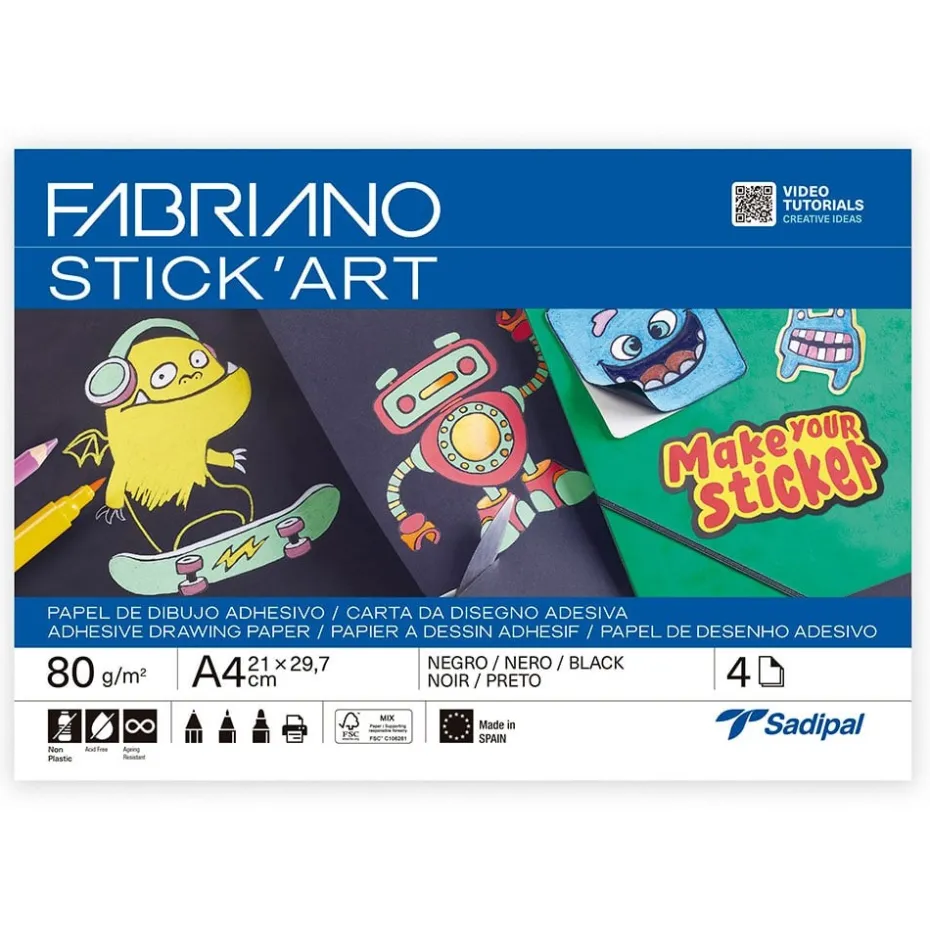Fabriano Stick’Art Selvklebende papir 4ark – A4 80g – Sort