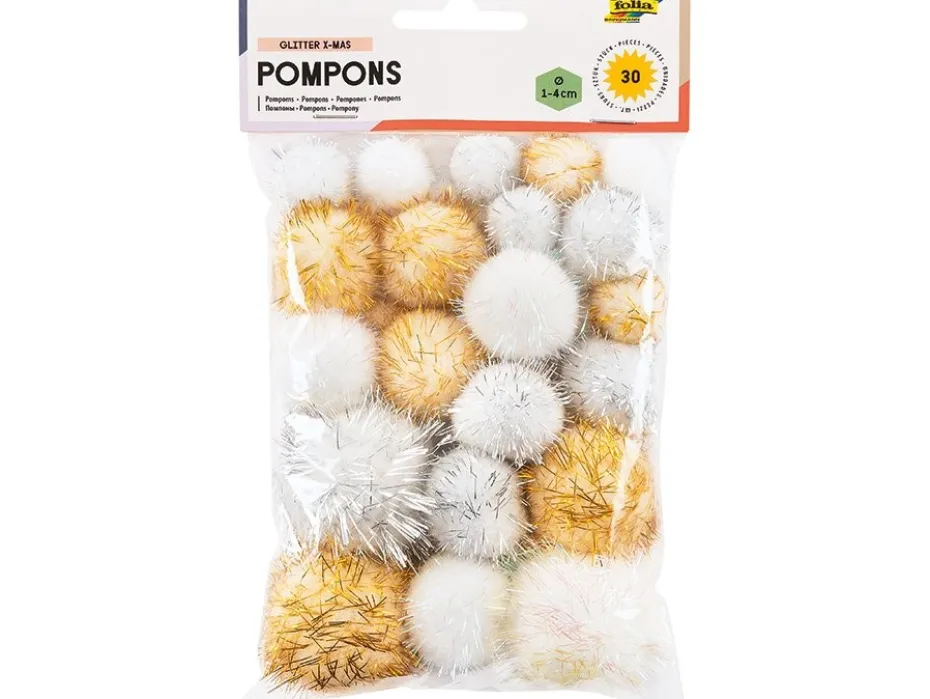 Folia Pomponger 30stk – Glitter Jul – Hvit, sølv, gull