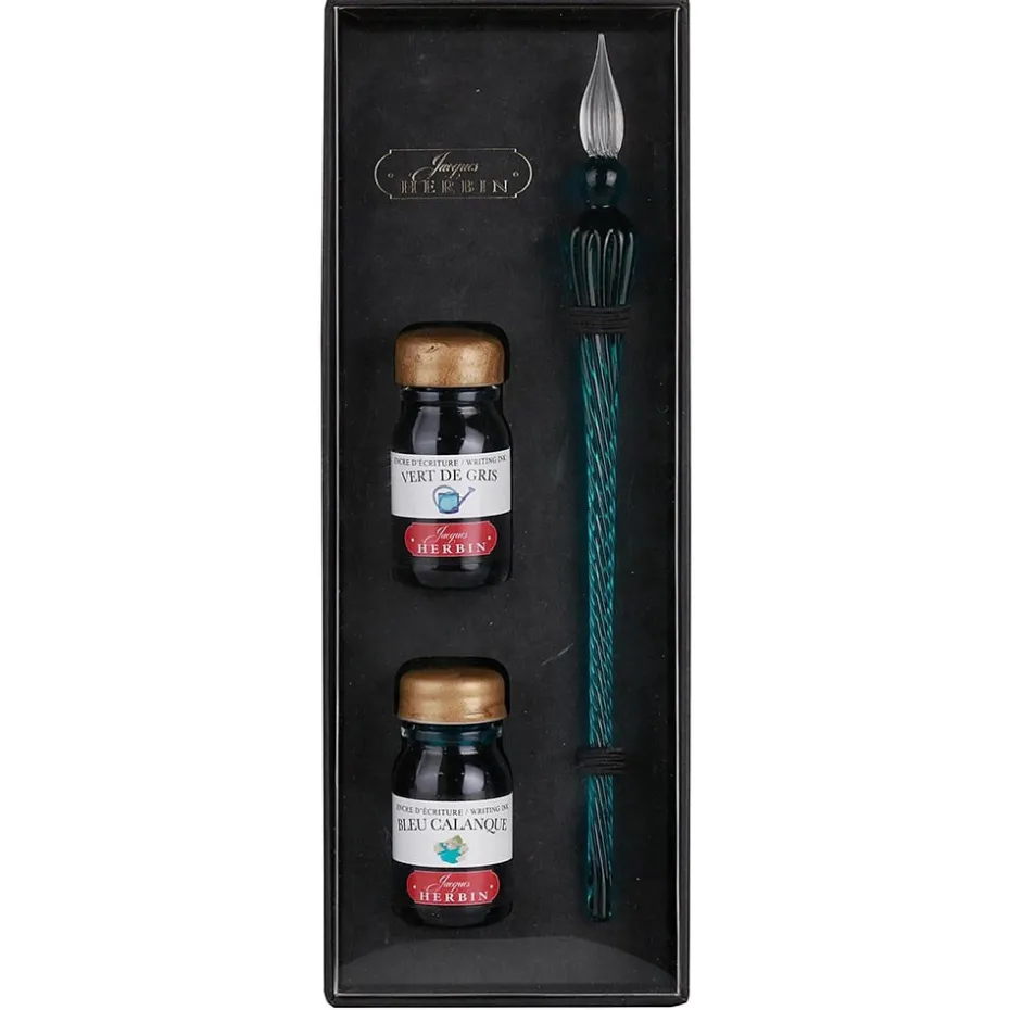 Herbin Glasspenn Sett – Glasspenn og to blekkhus – Grønn
