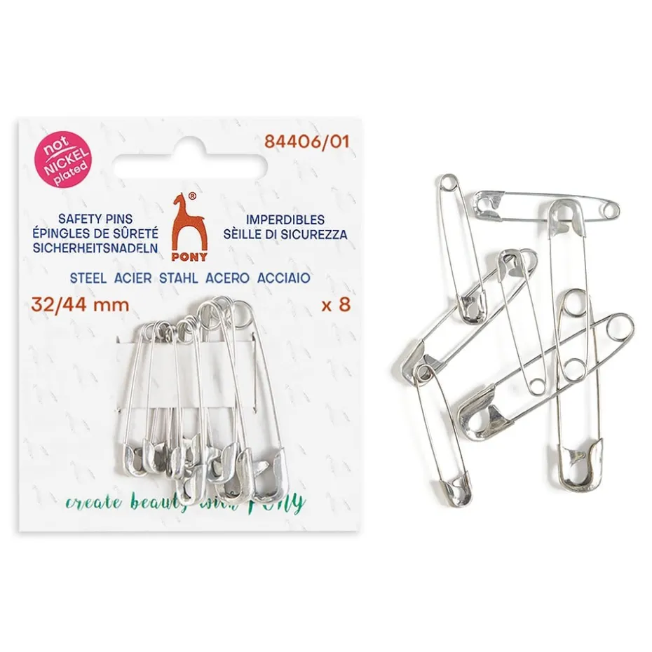 Pony Sikkerhetsnåler stål – 32/38/44mm 8stk – Nikkelfrie