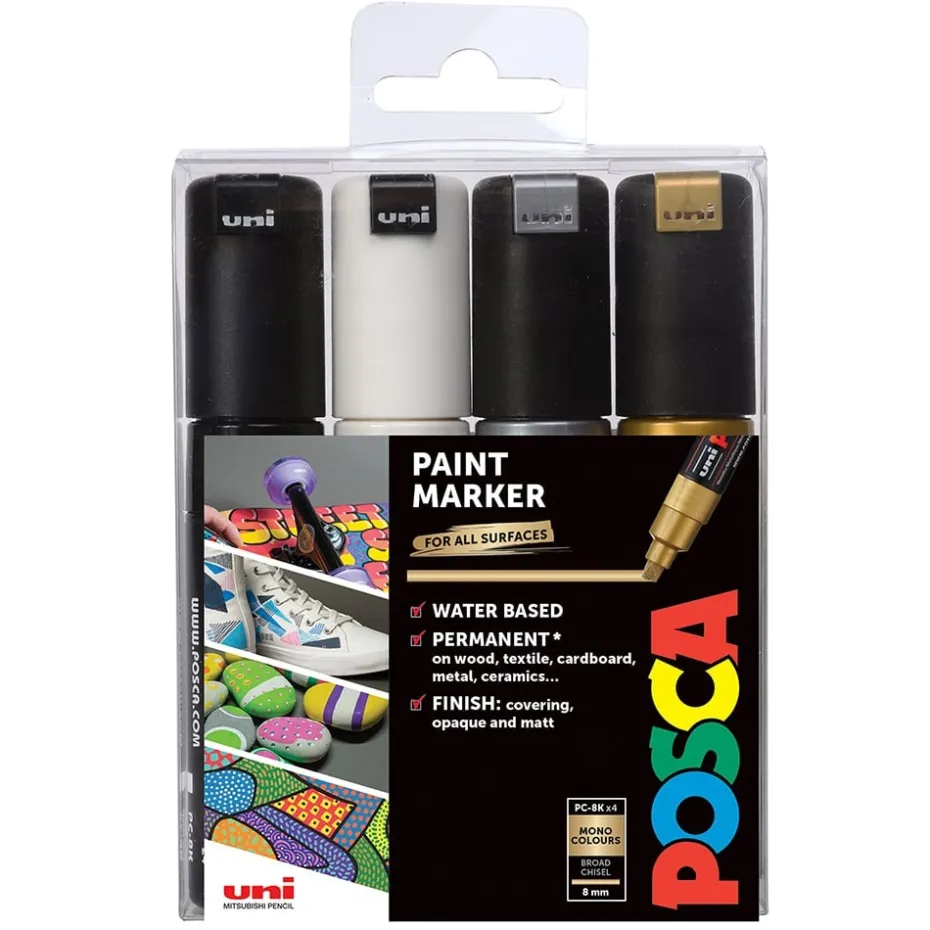 Uni POSCA PC-8K – Chisel 8mm – Sett Mono/Metallic 4stk
